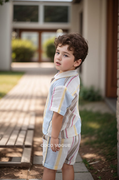 Stylish toddler boys striped co-ord outfit , Premium kids summer co-ord set 6 months–4 years