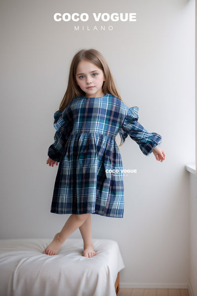 Blue checked ruffle frock for toddlers and kids , Stylish tartan dress for girls 2–7 years
