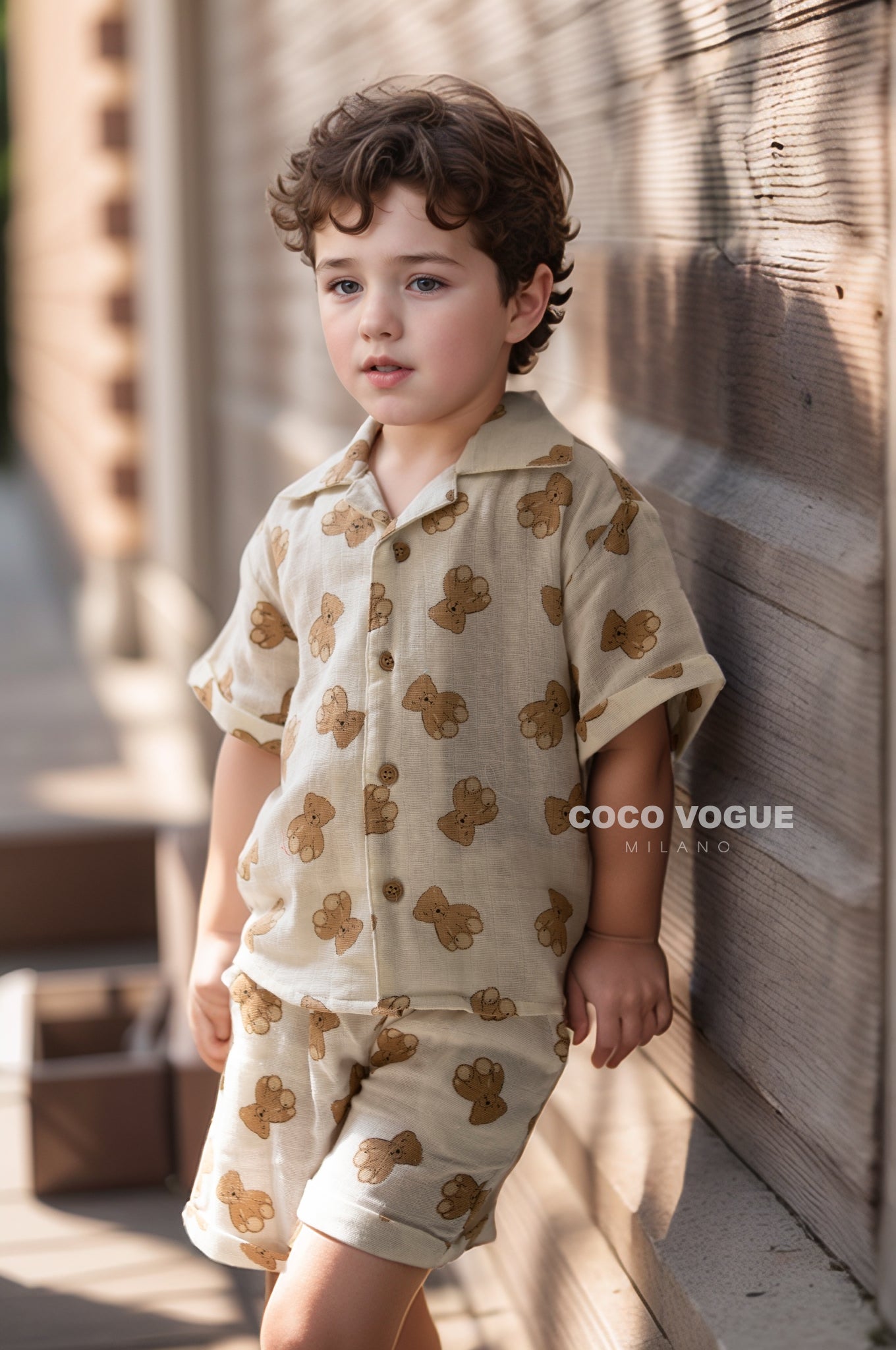 Trendy teddy bear themed co-ord set for little kids , Modern toddler casual outfit 6M–4Y