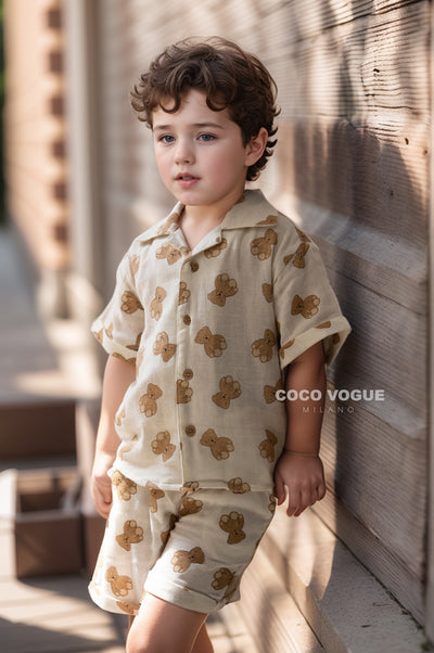 Trendy teddy bear themed co-ord set for little kids , Modern toddler casual outfit 6M–4Y