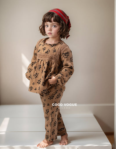 Elegant floral loungewear co-ord set for children , Autumn brown floral loungewear co-ord set 2–8 years for kids