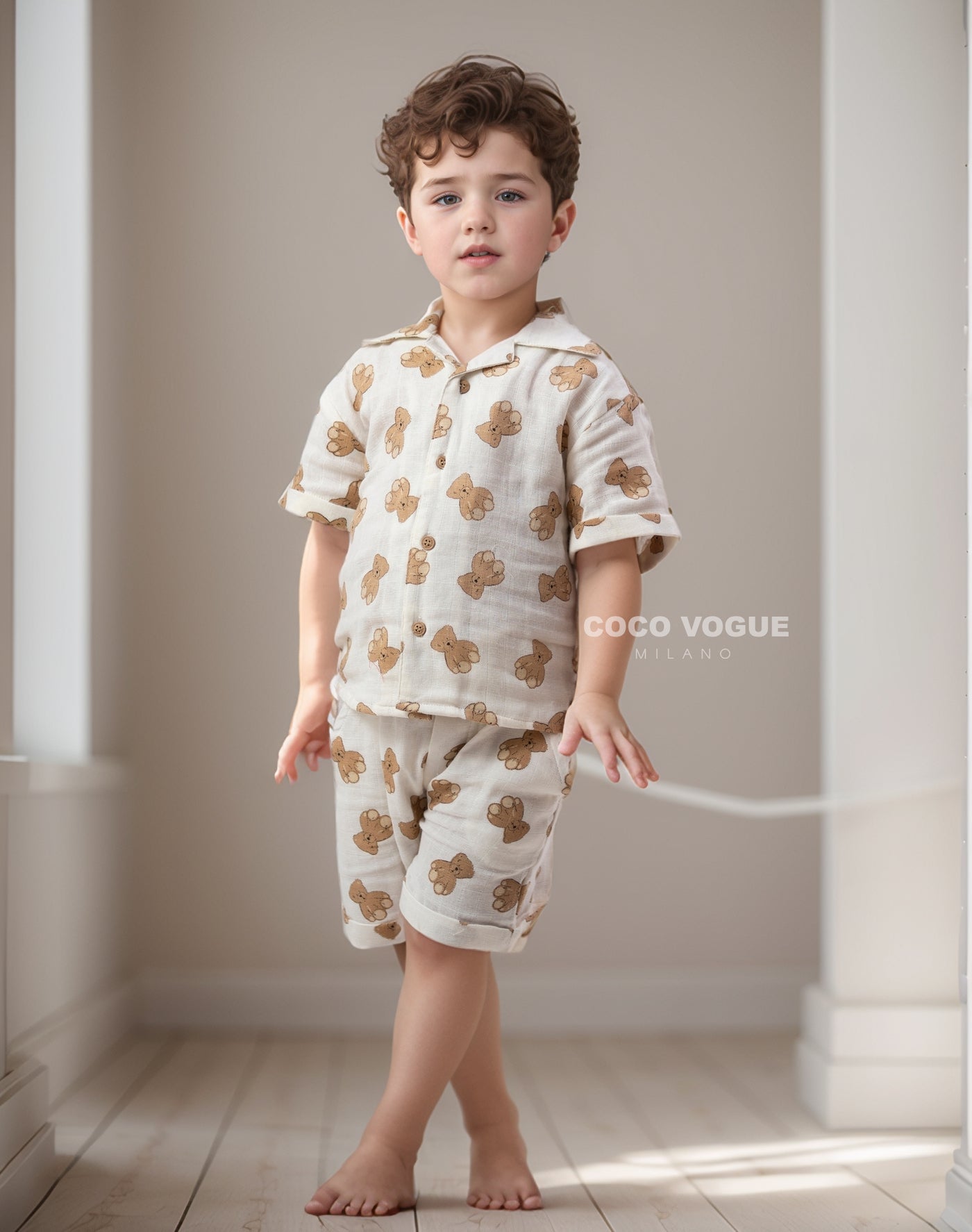 Trendy teddy bear themed co-ord set for little kids , Modern toddler casual outfit 6M–4Y