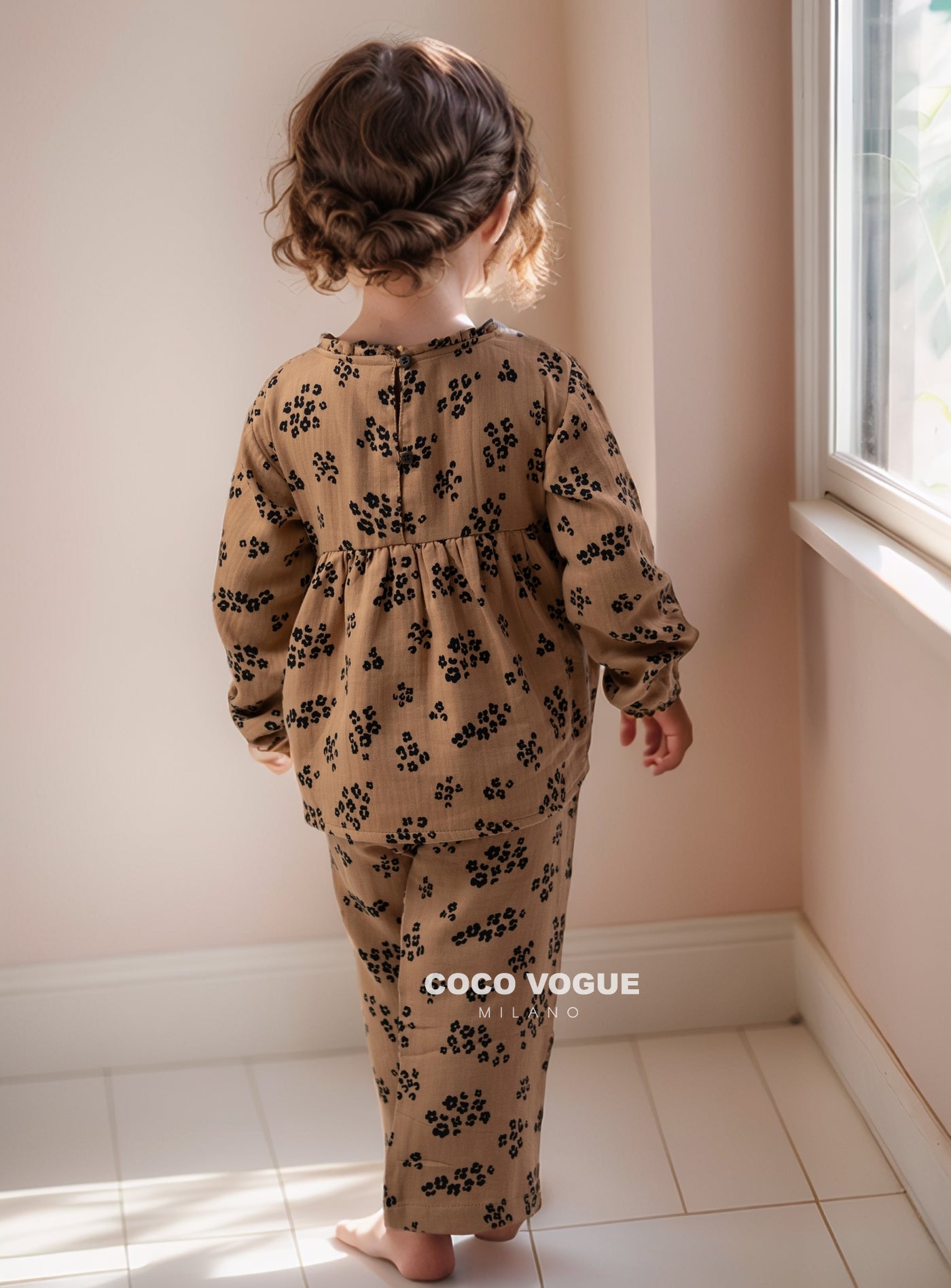 Elegant floral loungewear co-ord set for children , Autumn brown floral loungewear co-ord set 2–8 years for kids