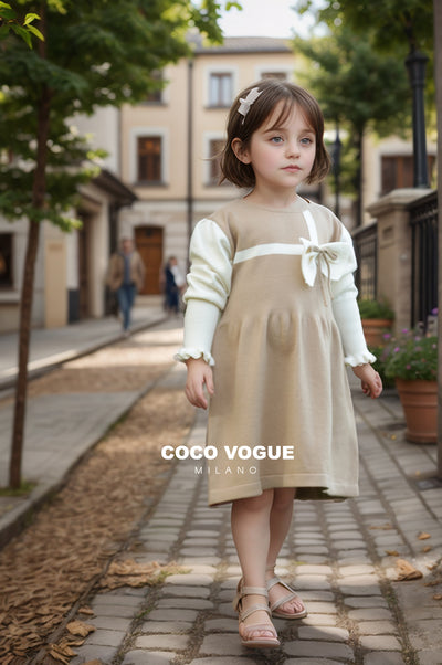 Elegant Beige Knit Dress with Bow Detail