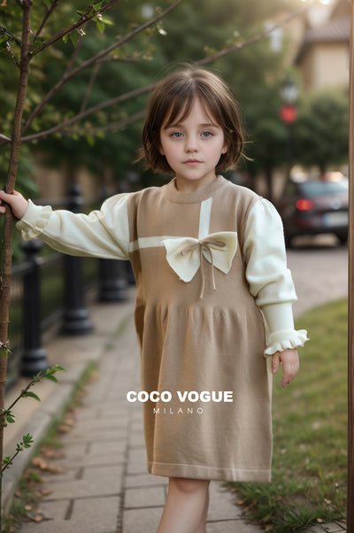 Elegant Beige Knit Dress with Bow Detail