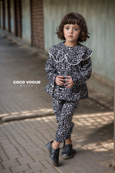 Lightweight breathable co-ord set for kids , Black ruffled girl child co-ord set 6M–3Y