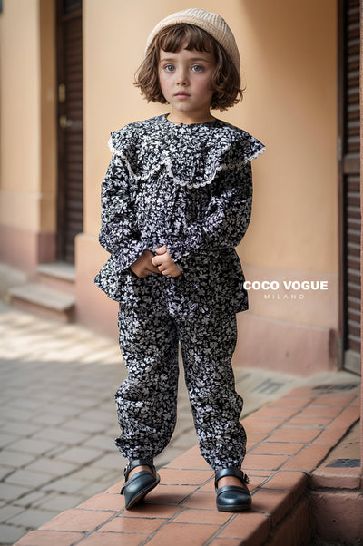 Lightweight breathable co-ord set for kids , Black ruffled girl child co-ord set 6M–3Y