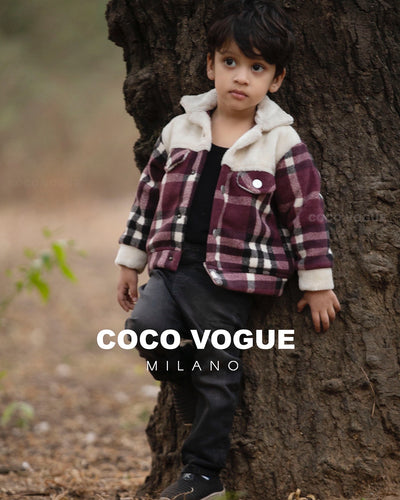 Purple white check Woollen Fleece Jacket