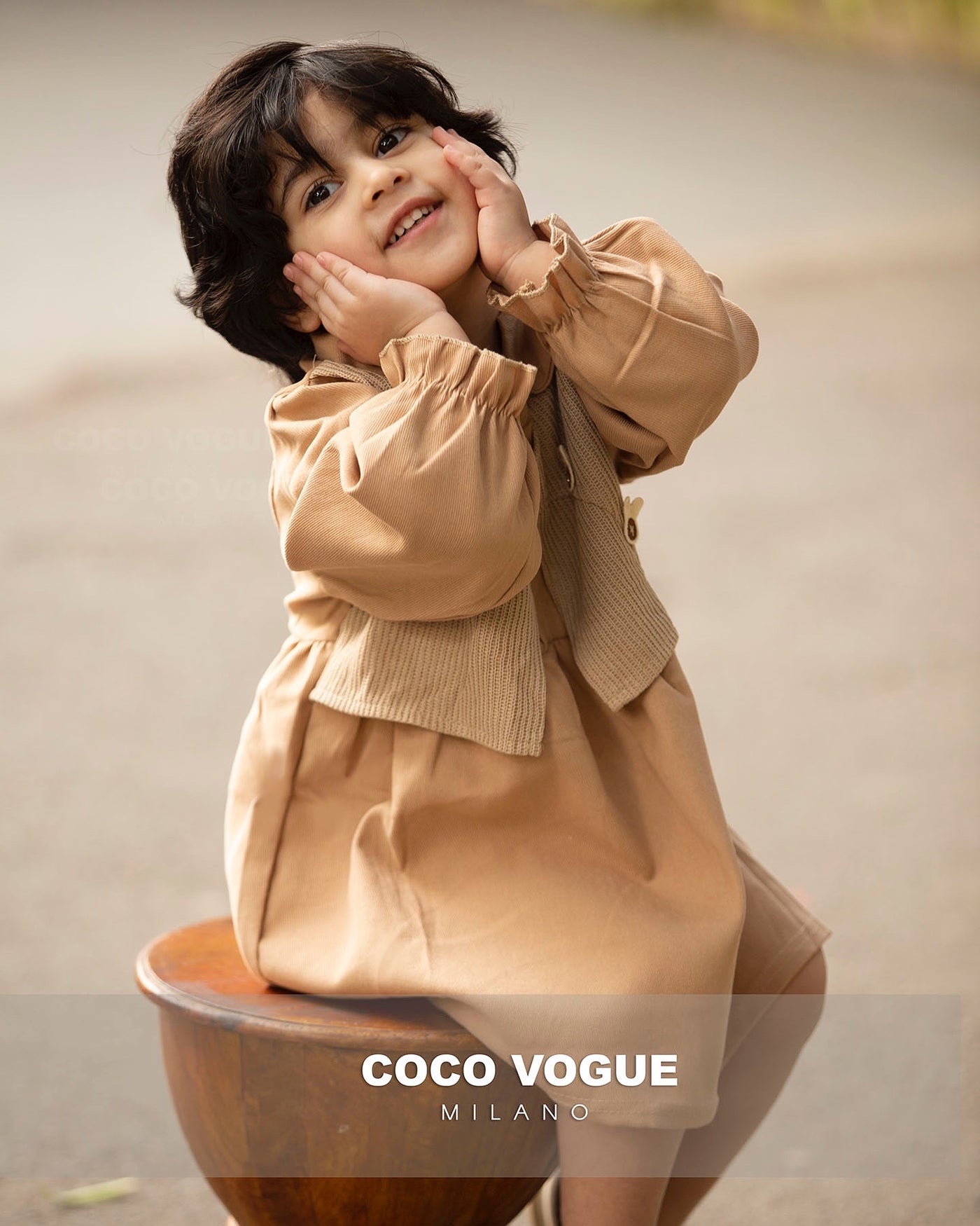 Classic beige baby dress with stylish look , Comfortable beige dress for baby girl 1–4 yrs