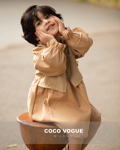 Classic beige baby dress with stylish look , Comfortable beige dress for baby girl 1–4 yrs