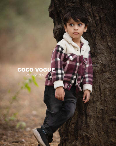 Purple white check Woollen Fleece Jacket