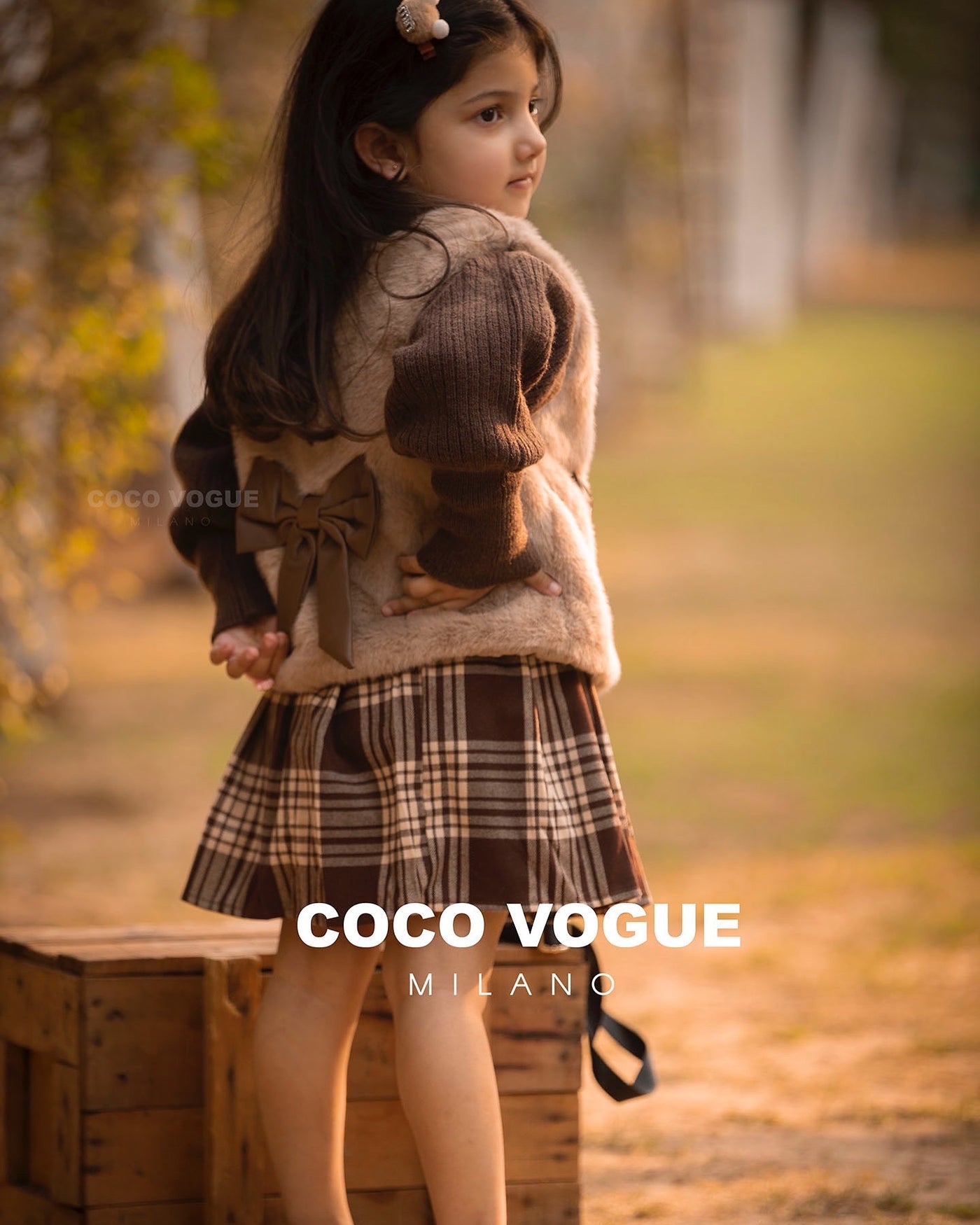 Brown Check Frock With Cream Fur Bow Jacket