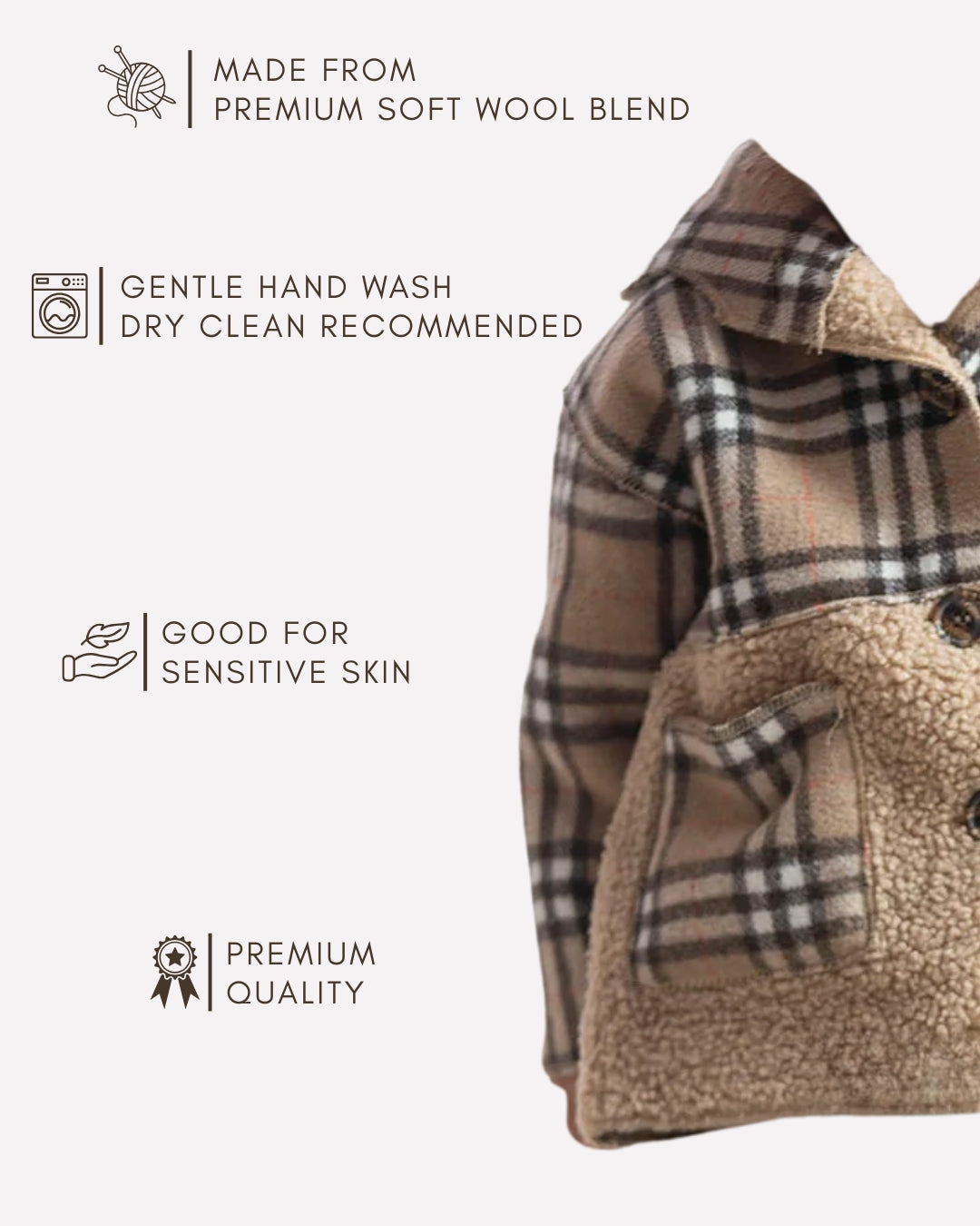 Modern brown check woollen hoodie coat for kids , Brown check woollen hoodie style coat 1–5 years