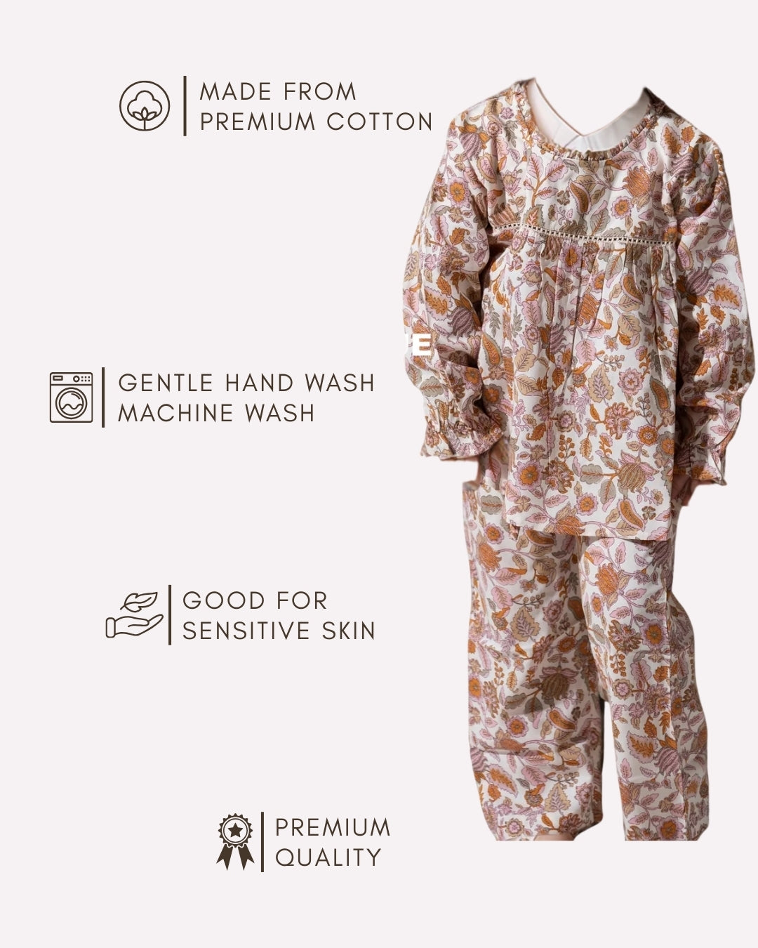 Soft breathable cotton co-ord set for toddlers , Brown paisley printed girl child co-ord set 6M–4Y for kids
