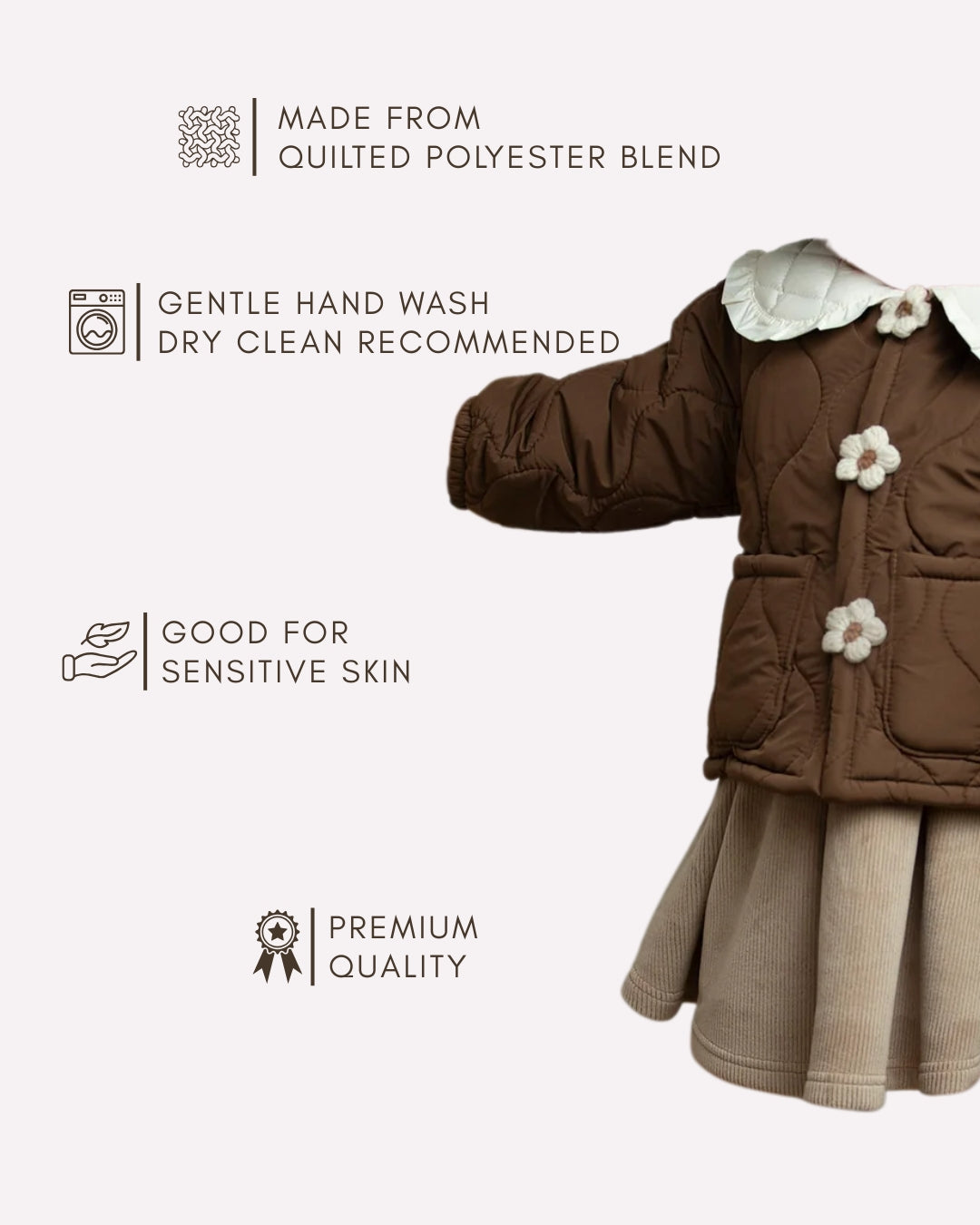 Premium cotton blend winter outfit for children , Brown quilted collar coat with skirt 4–7 years