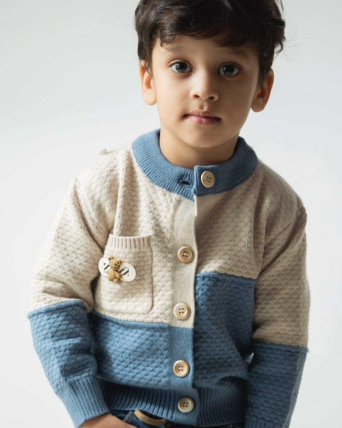 Beige & Blue Knitted Cardigan Style A-81