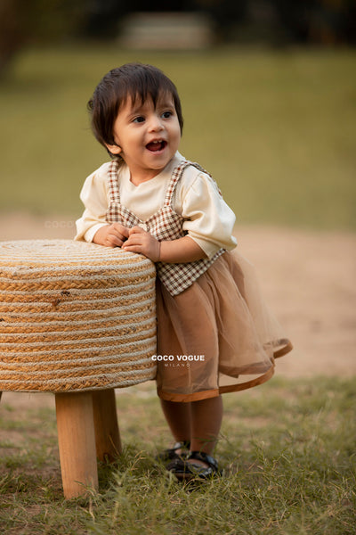 Gingham print dress with tulle skirt for kids , Tulle & gingham dress for girls 1–4 years 