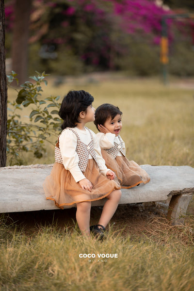 Gingham print dress with tulle skirt for kids , Tulle & gingham dress for girls 1–4 years 