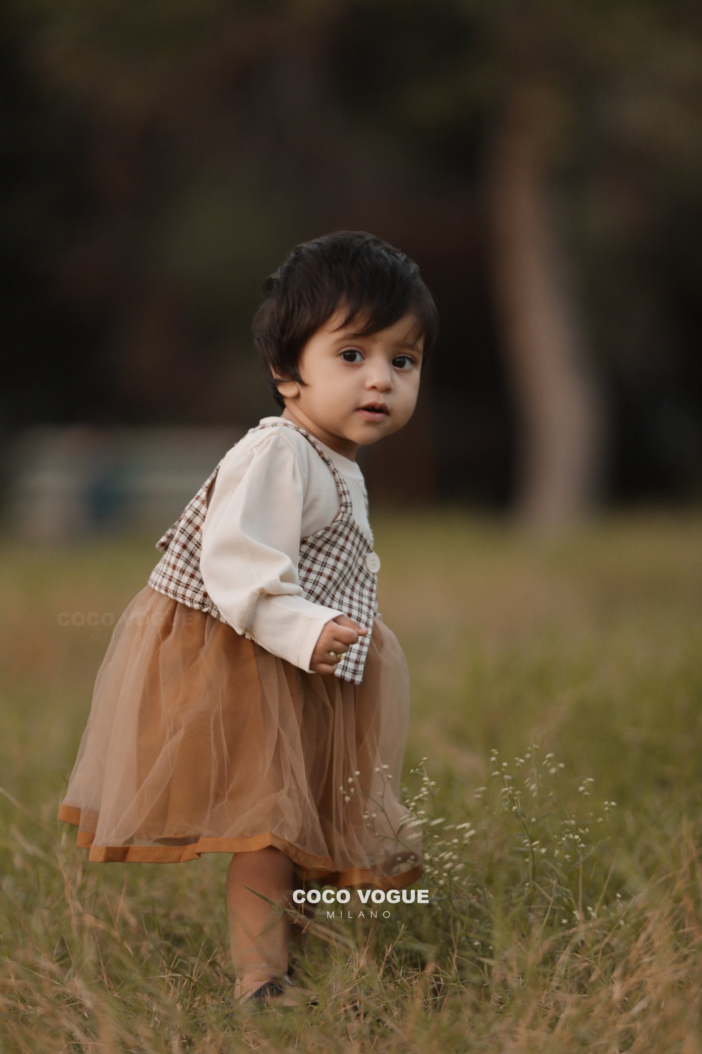 Gingham print dress with tulle skirt for kids , Tulle & gingham dress for girls 1–4 years 