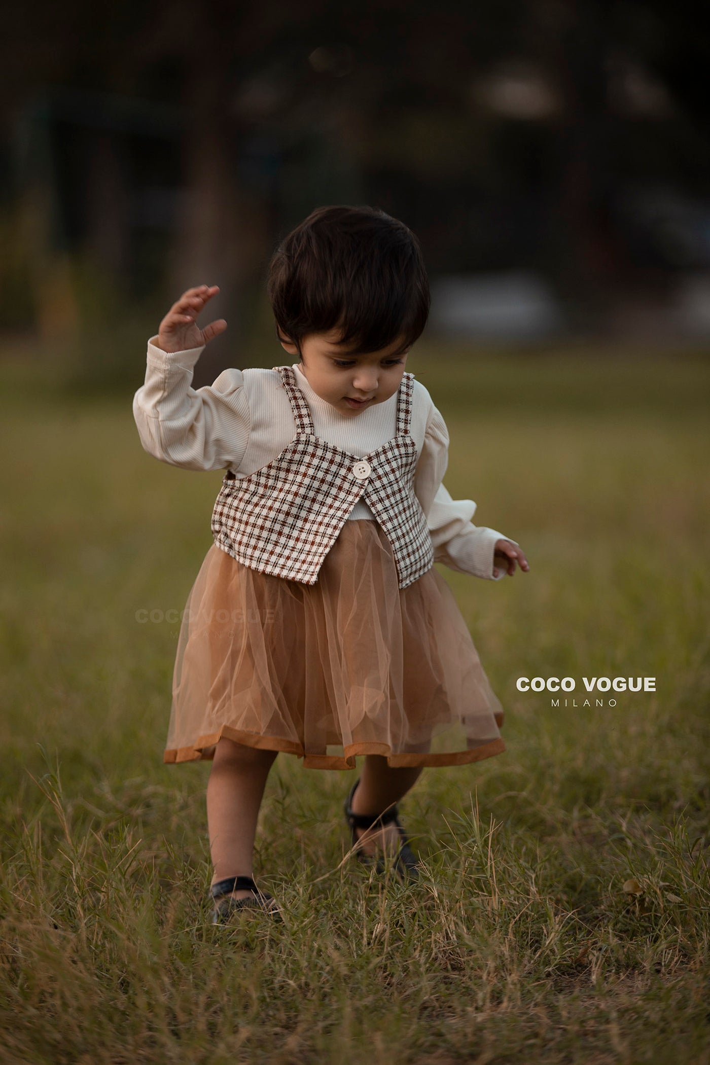 Gingham print dress with tulle skirt for kids , Tulle & gingham dress for girls 1–4 years 