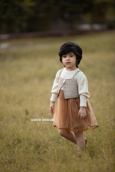 Gingham print dress with tulle skirt for kids , Tulle & gingham dress for girls 1–4 years 