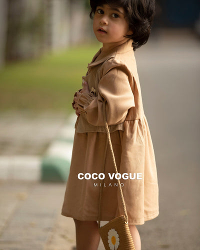 Classic beige baby dress with stylish look , Comfortable beige dress for baby girl 1–4 yrs