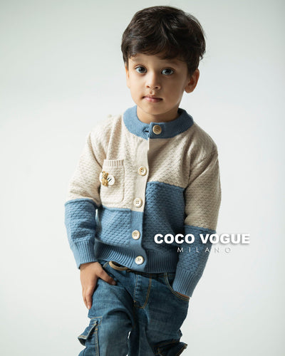 Beige & Blue Knitted Cardigan Style A-81