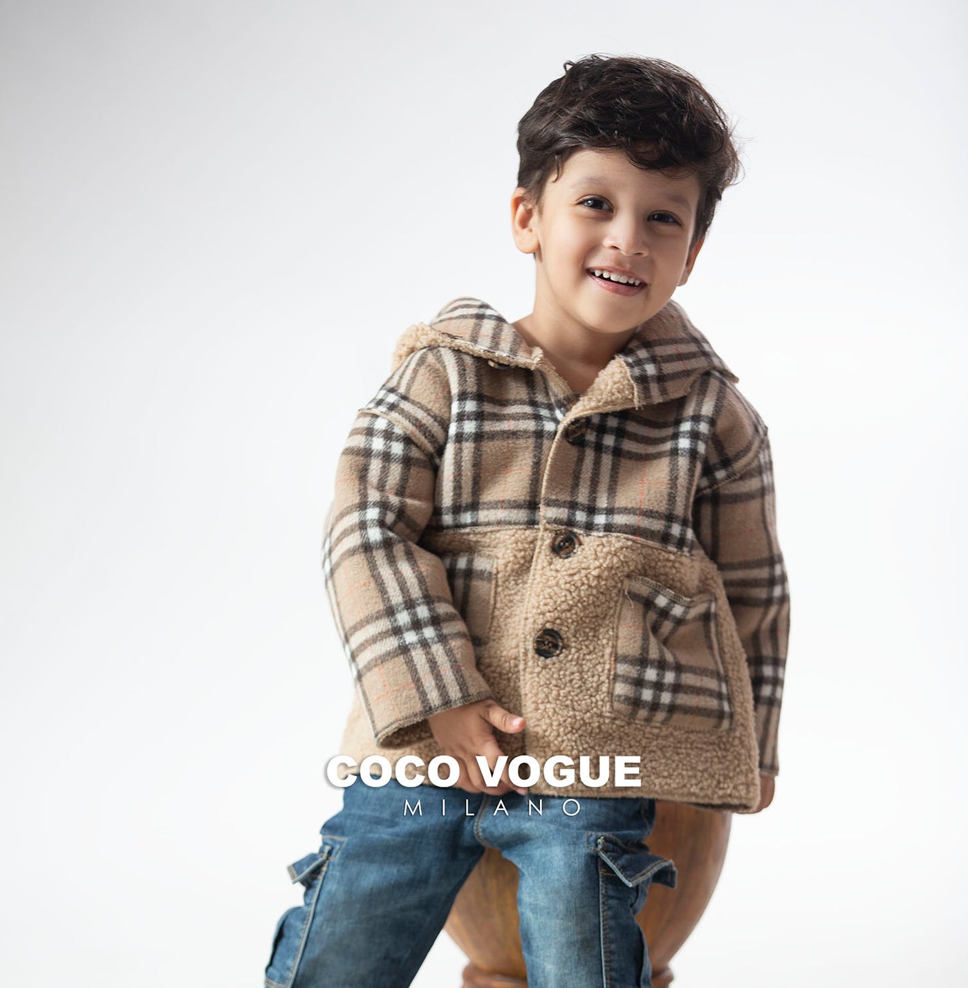 Brown Check Woollen Hoodie Style Coat
