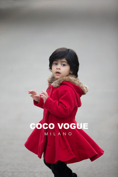 Red Woollen Trench Coat With Brown Fur