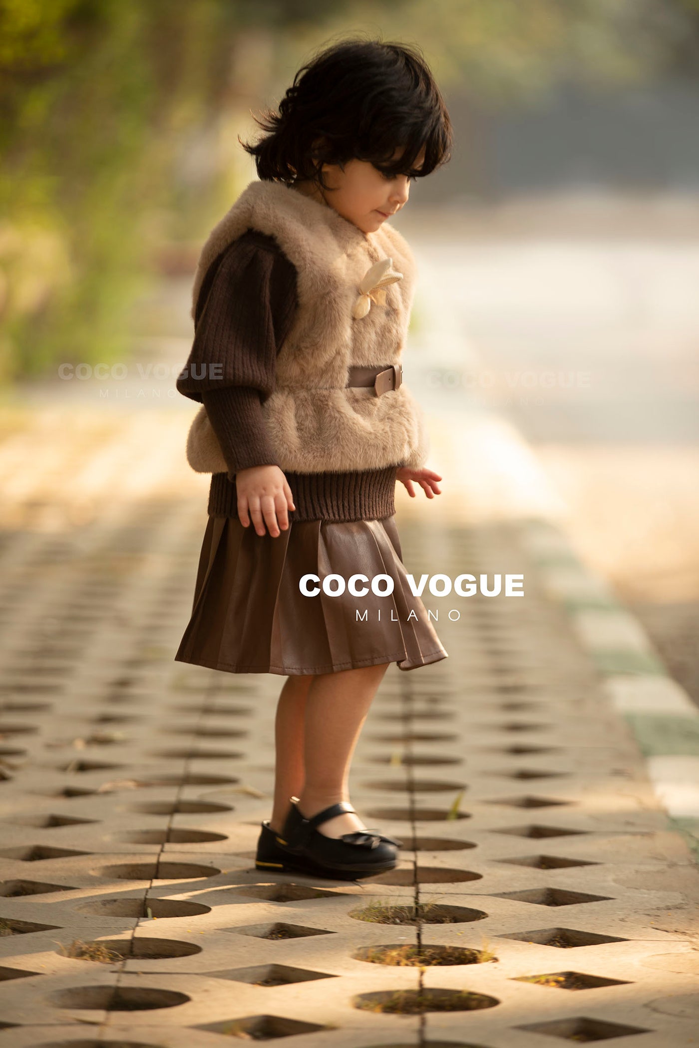 3pc Fur Jacket Brooch Pattern with Leather Brown Skirt