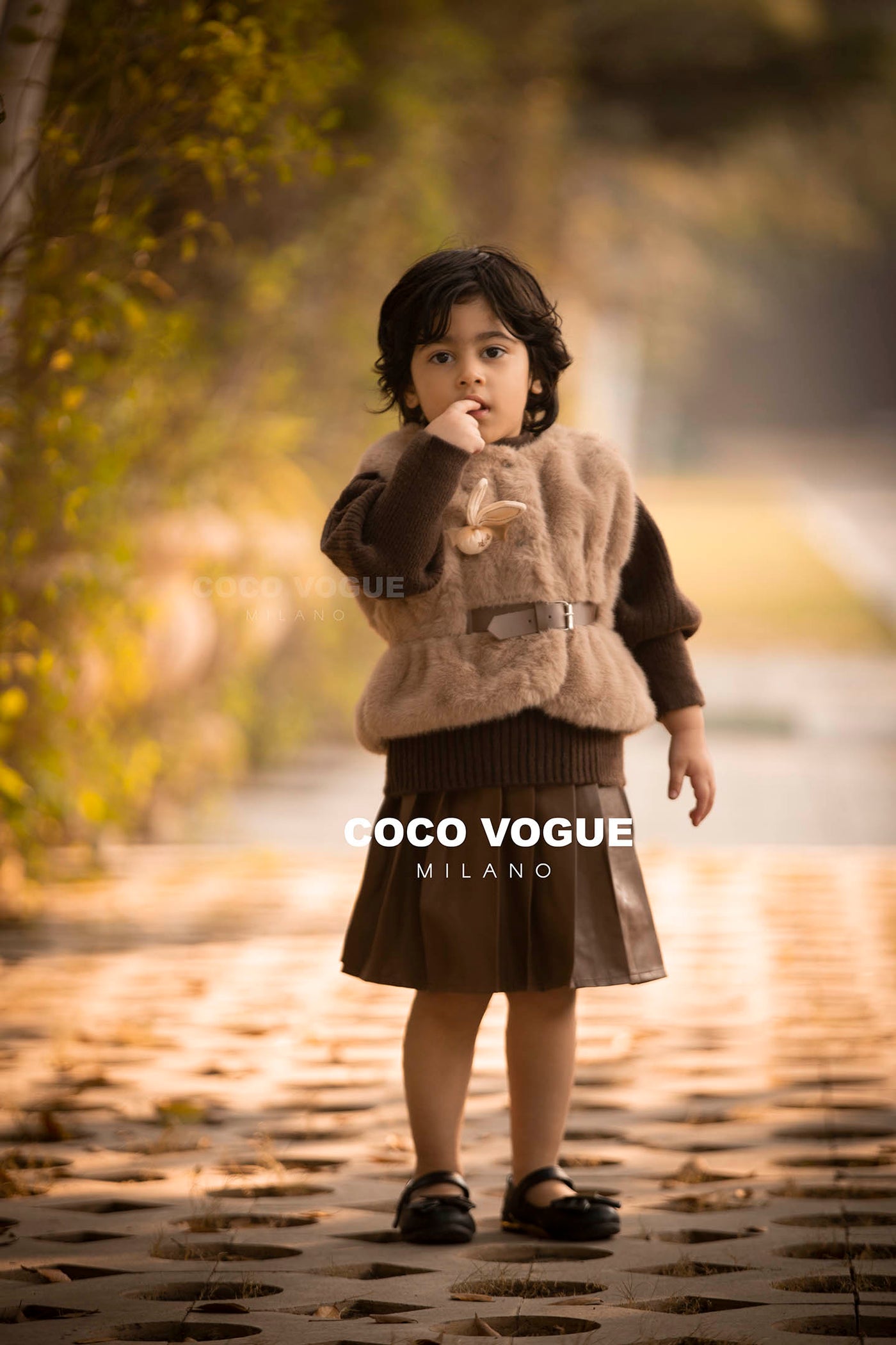 3pc Fur Jacket Brooch Pattern with Leather Brown Skirt