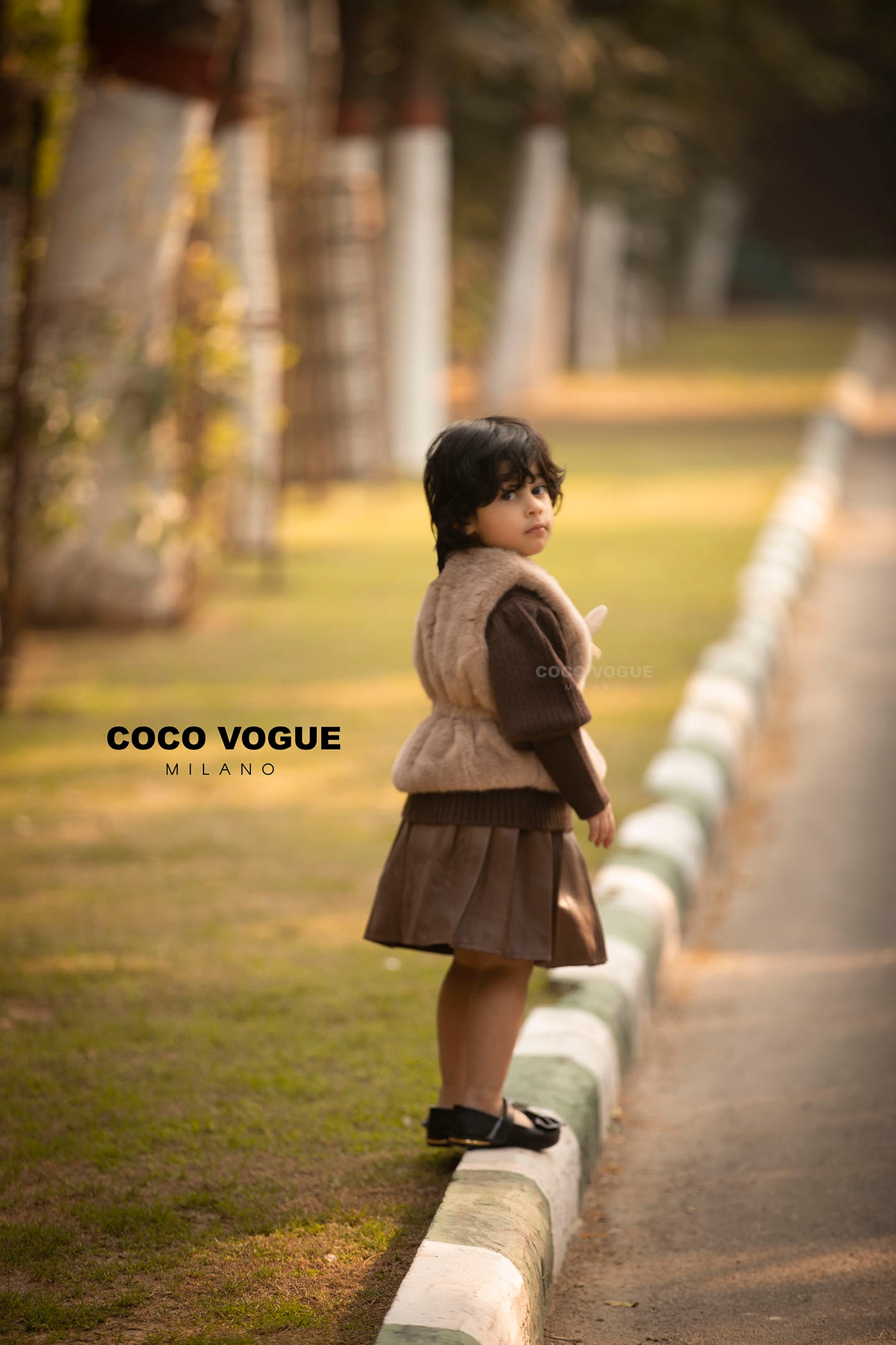 3pc Fur Jacket Brooch Pattern with Leather Brown Skirt