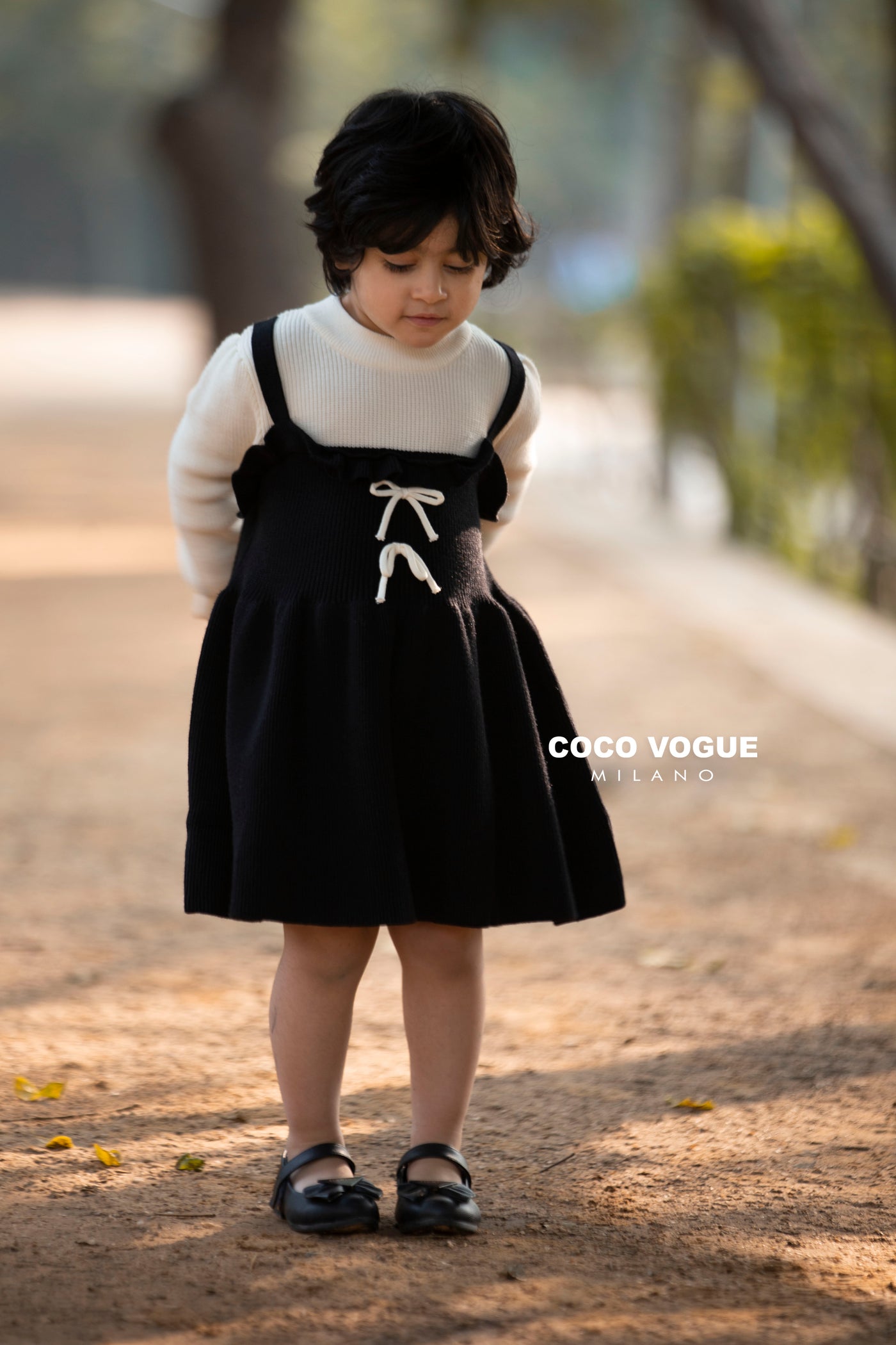 Elegant black & white winter dress for kids , Girls woolen black & white frock 1–6 years