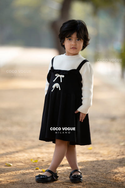 Elegant black & white winter dress for kids , Girls woolen black & white frock 1–6 years