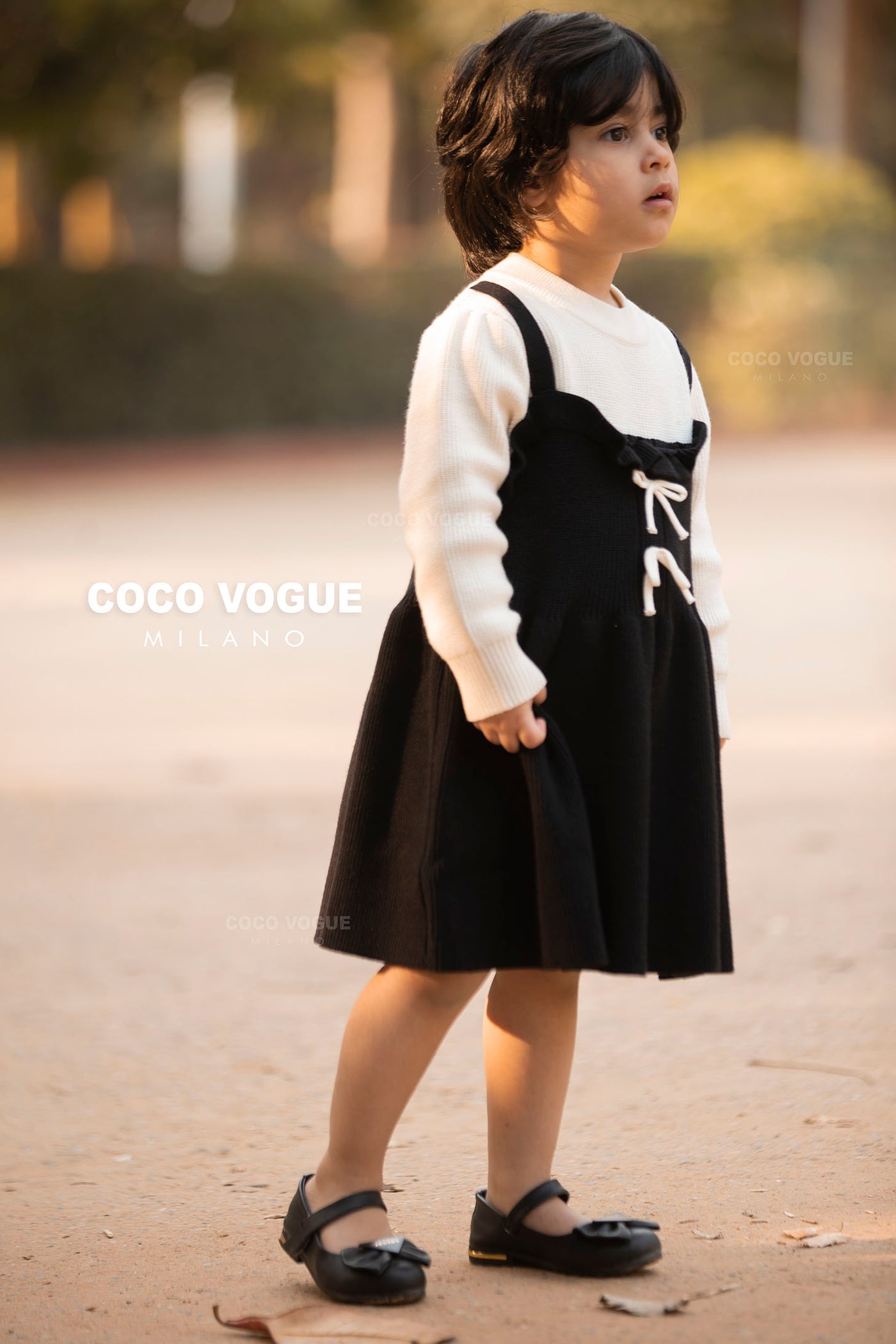 Elegant black & white winter dress for kids , Girls woolen black & white frock 1–6 years