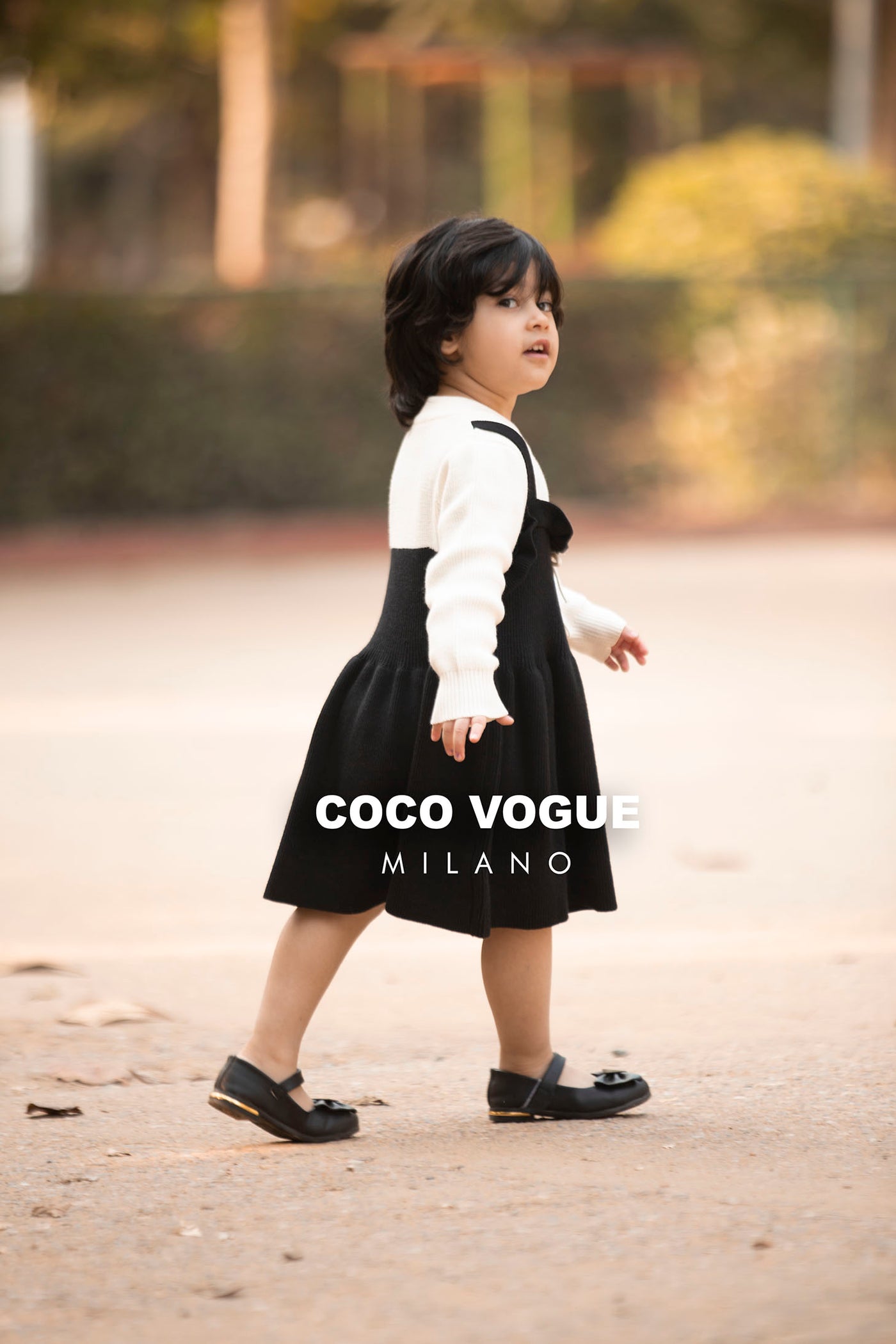 Elegant black & white winter dress for kids , Girls woolen black & white frock 1–6 years
