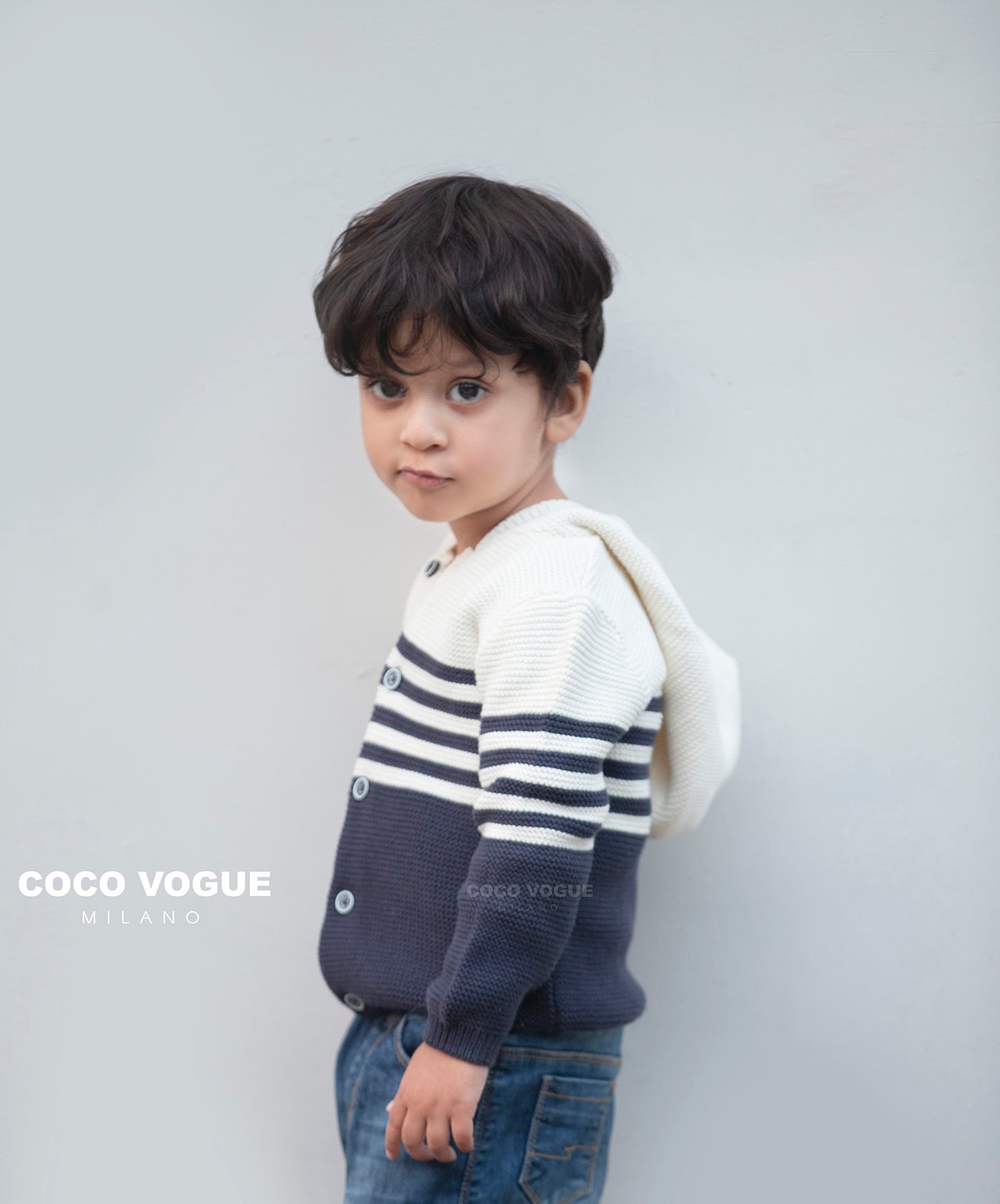 Baby hoodie with nautical design for everyday wear , Nautical vibes knit hoodie for kids 0–3 years