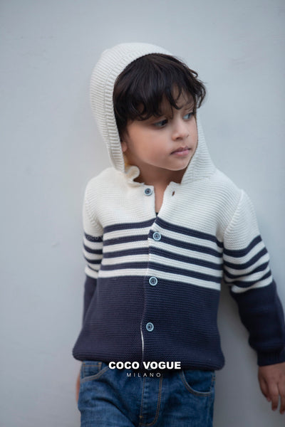 Baby hoodie with nautical design for everyday wear , Nautical vibes knit hoodie for kids 0–3 years