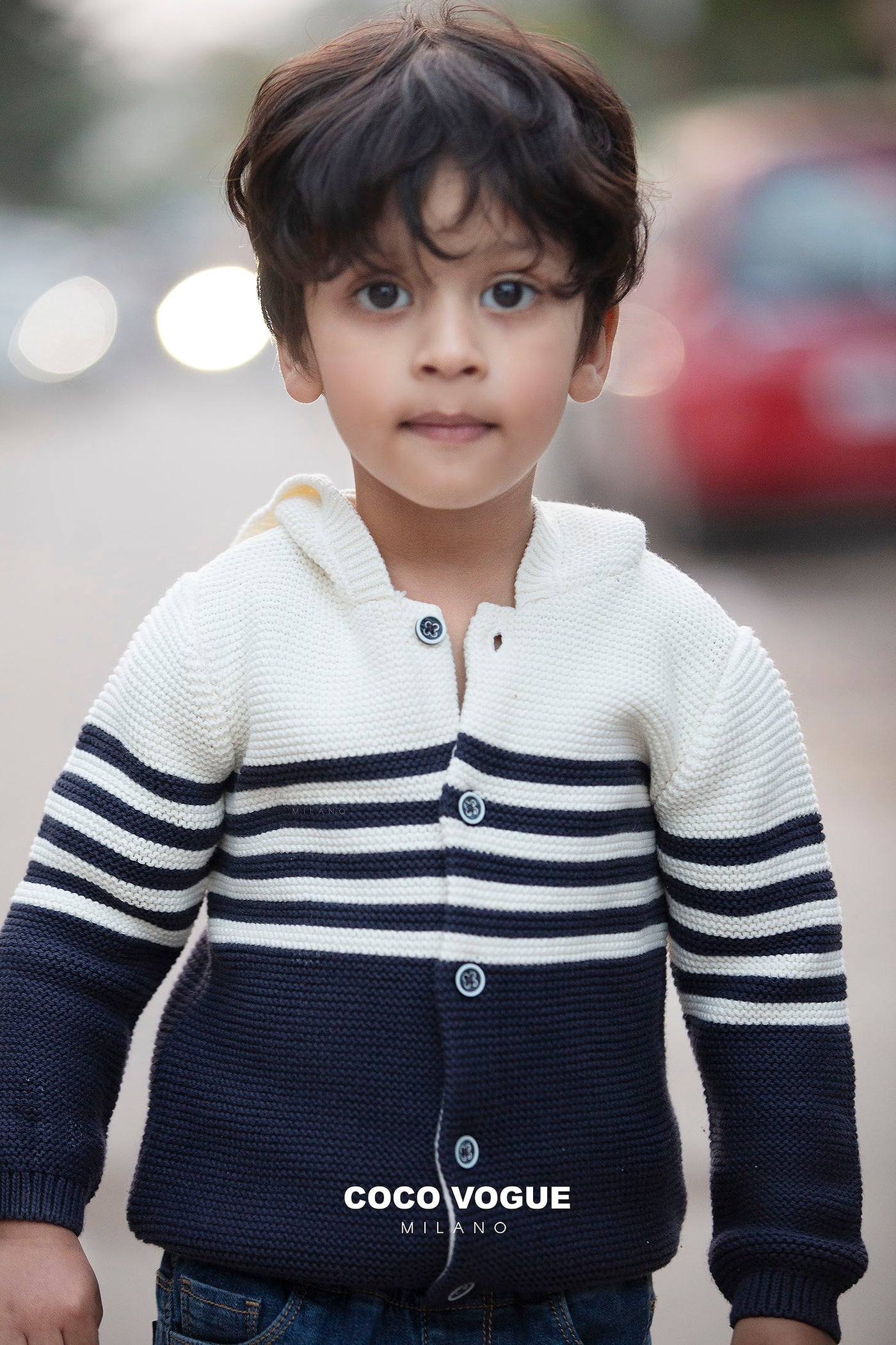 Baby hoodie with nautical design for everyday wear , Nautical vibes knit hoodie for kids 0–3 years
