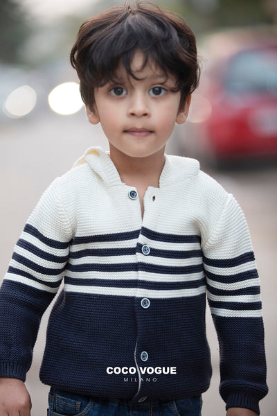 Baby hoodie with nautical design for everyday wear , Nautical vibes knit hoodie for kids 0–3 years