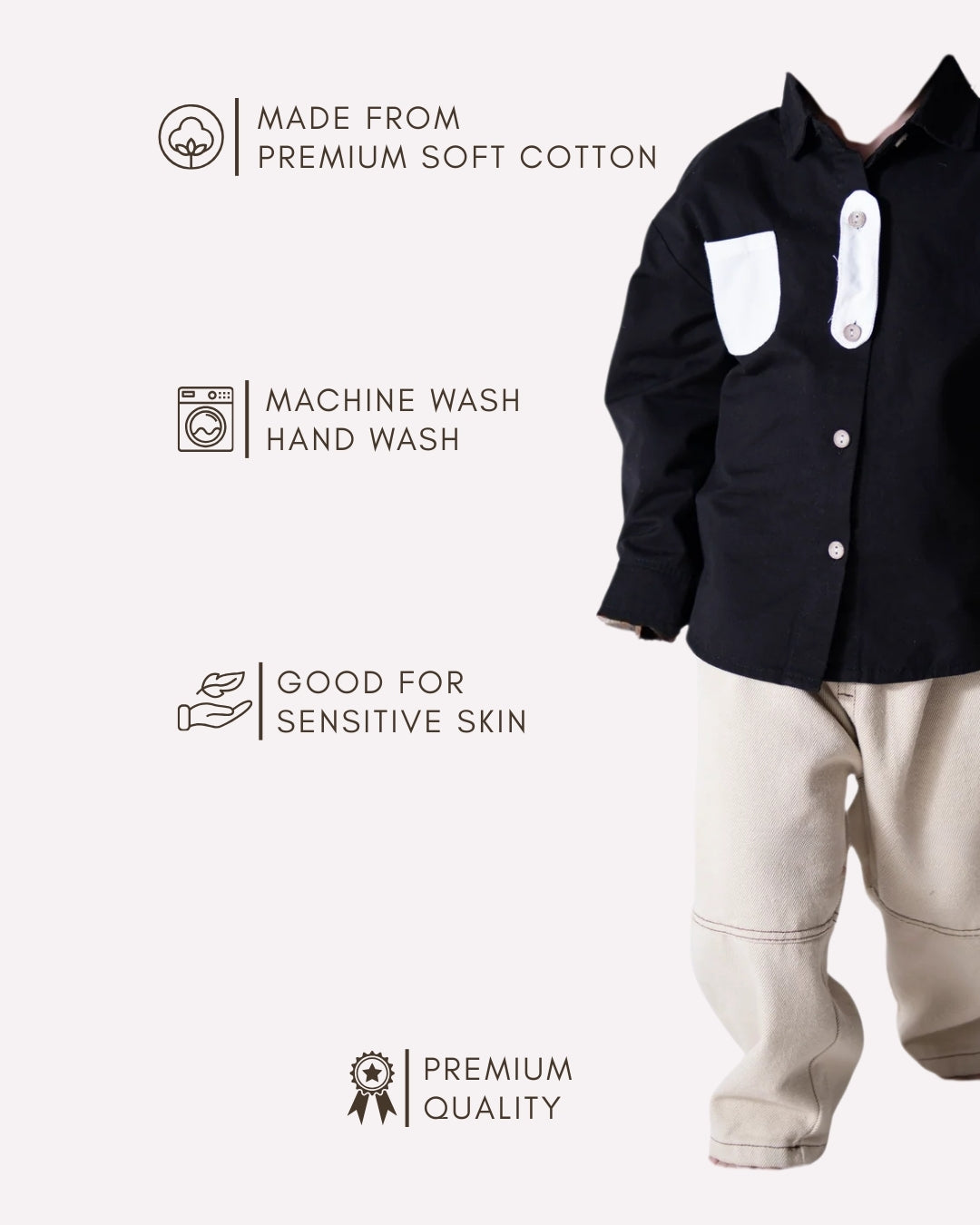 Comfortable cotton shirt and pants set for kids , Kids black shirt & beige pants set 2–7 years