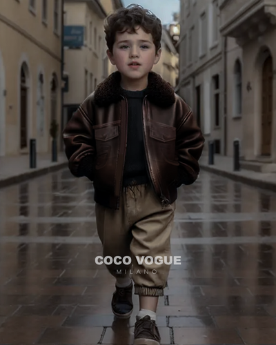 Premium vintage look brown bomber jacket for children , Brown bomber vintage sherpa jacket for kids 3–7 years