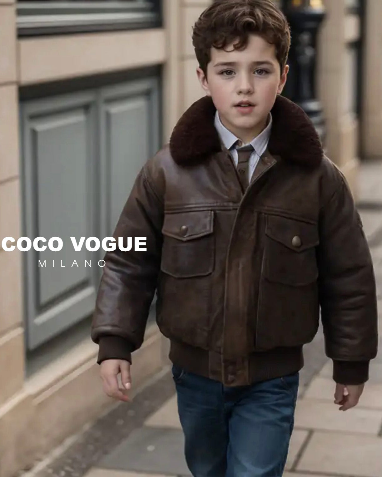 Premium vintage look brown bomber jacket for children , Brown bomber vintage sherpa jacket for kids 3–7 years