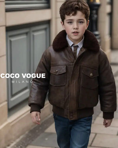 Premium vintage look brown bomber jacket for children , Brown bomber vintage sherpa jacket for kids 3–7 years