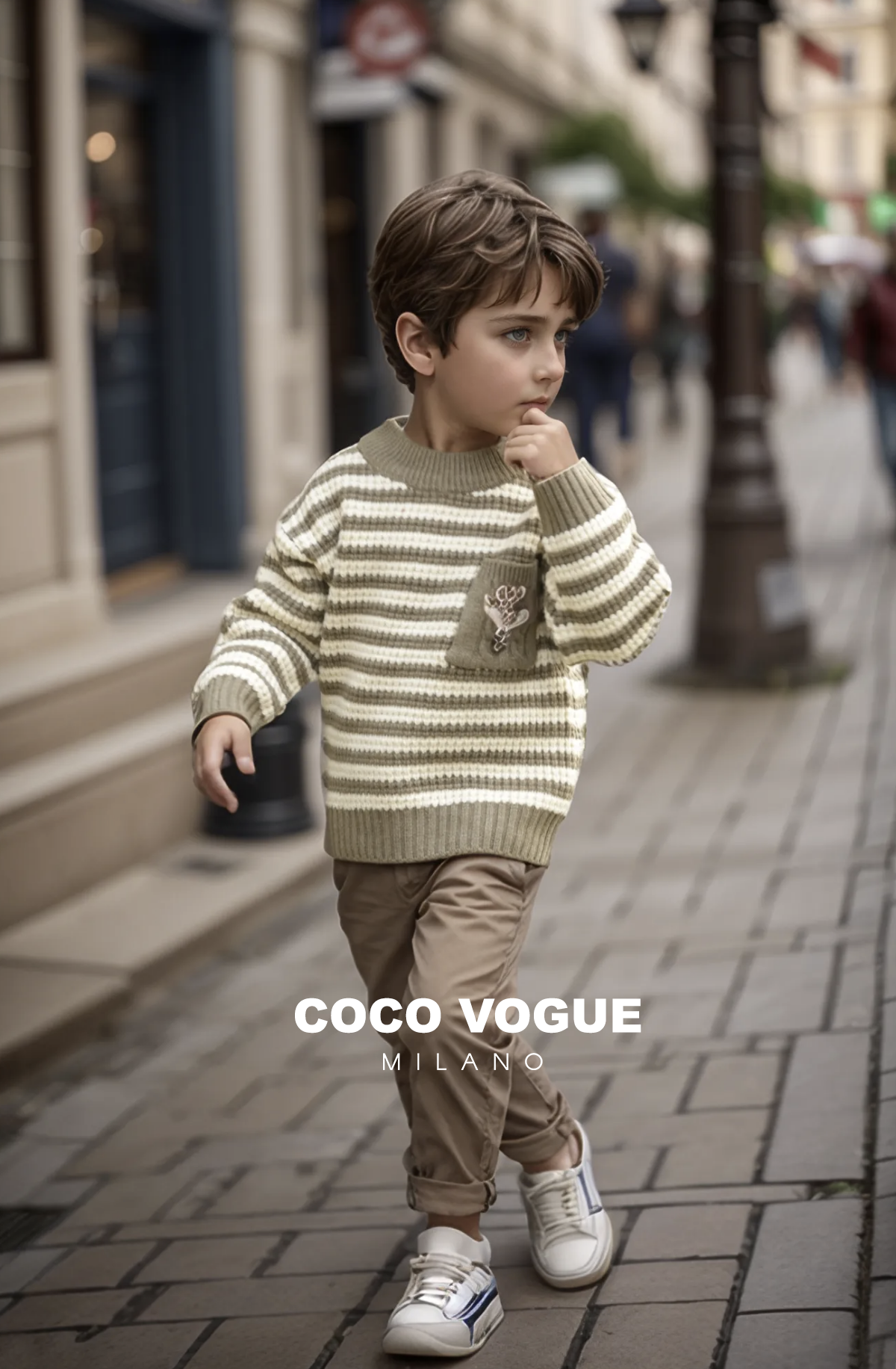 Cute toddler girl striped sweater cream & olive , Striped cream and olive kids sweater 2–7 years