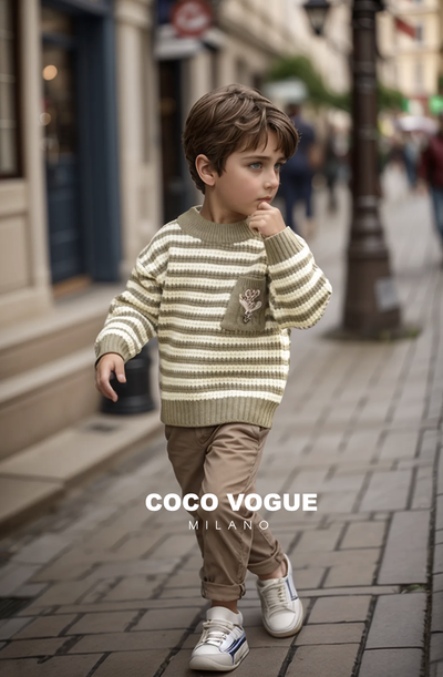 Cute toddler girl striped sweater cream & olive , Striped cream and olive kids sweater 2–7 years