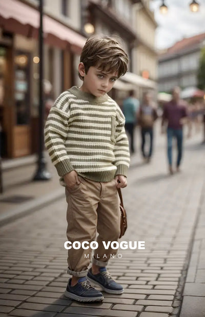 Cute toddler girl striped sweater cream & olive , Striped cream and olive kids sweater 2–7 years